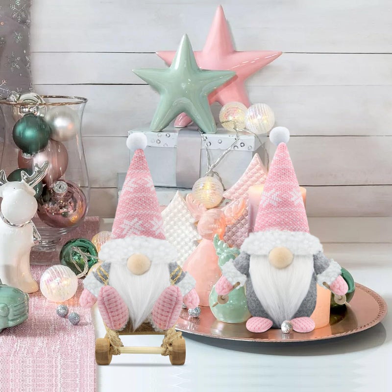 Gehydy Set of 3 Christmas Gnomes Decorations Gift Handmade Sled Gnome Plush Stuffed Xmas Decor for Home Kitchen Farmhouse Tiered Tray - Pink - Image 5